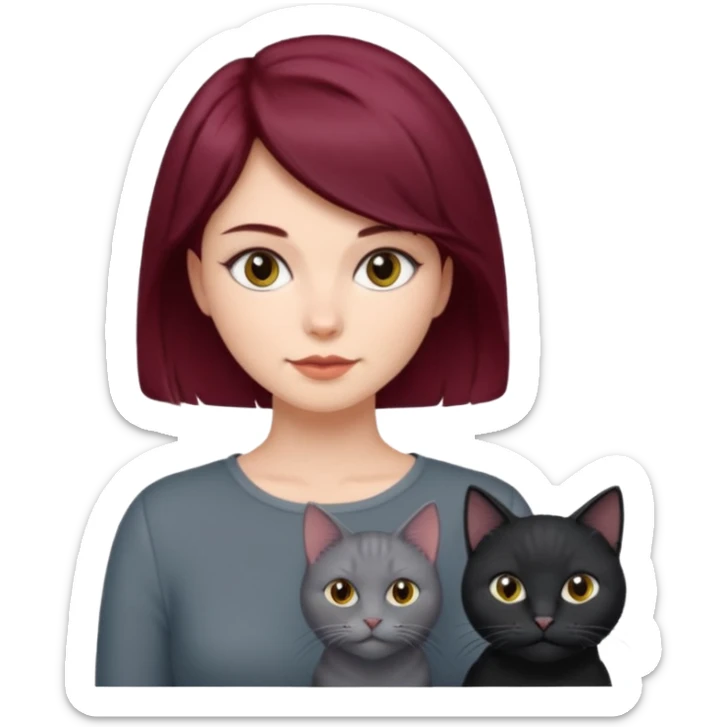 femme au cheveux court bordeau avec chat poils longs gris et chat poils ras noirs sticker