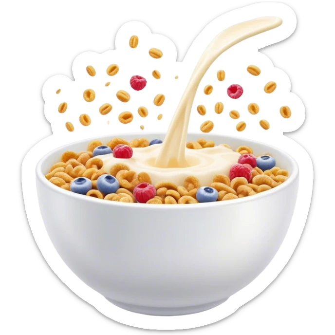 Cinematic crunchy cereal, vibrant and colorful, splashing into a bowl of cold milk, soft glowing background, dynamic movement, playful and inviting, nostalgic and fun. sticker