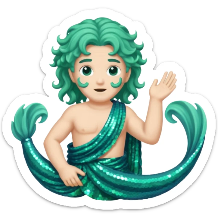 Neptune from Roman Deities with long sea green wavy hair, sea green sequin toga sticker
