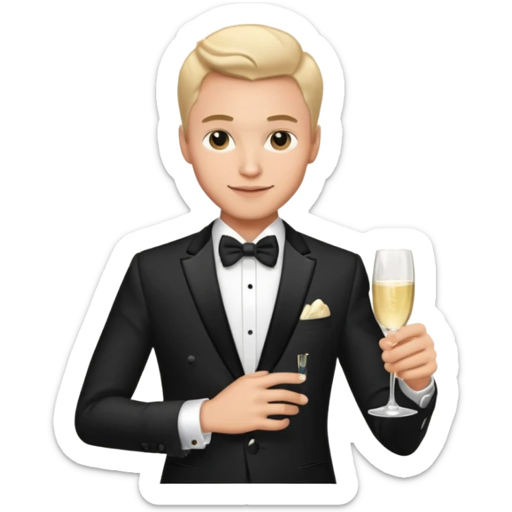 male memoji, stylish man in tuxedo, holding champagne glass, luxury watch, seductive smirk, party vibe sticker