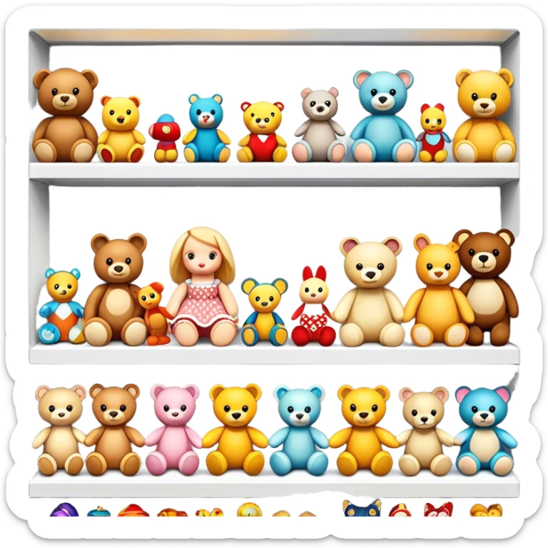 Icon for Toy Collecting: a collection of various vintage toys such as dolls, action figures, and plush animals, displayed neatly on shelves or in display cases. The icon should evoke the joy and nostalgia of collecting toys. Transparent background. sticker