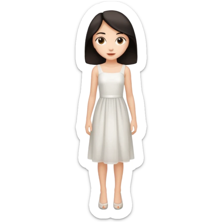 Make an emoji of a slender, full-length girl in an evening white dress with dark hair and brown eyes sticker