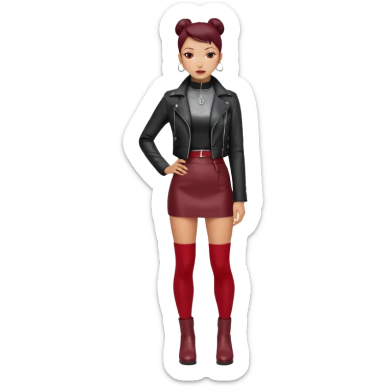 “East Asian woman with a tight sleek bun, no loose strands. Black leather jacket over a black turtleneck, silver Vivienne Westwood-style orb necklace. Red leather mini skirt, burgundy tights, red long boots. Clean, fashion-editorial style.” sticker