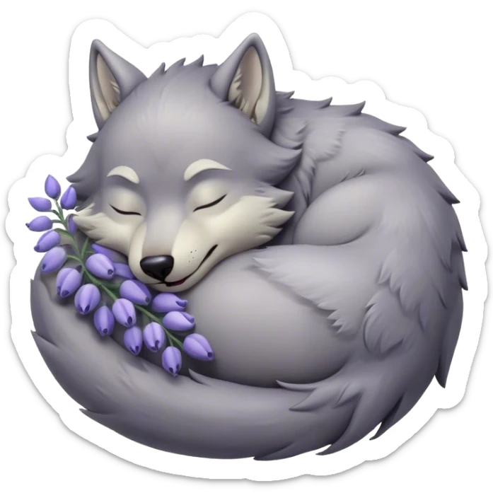 Meme-Worthy Cute Sleeping Werewolf Portrait Emoji, with a cuddly, miniature lupine form in soft moonlit grays and silvers, head resting peacefully with gently closed dreamy eyes and a small, content smile, simplified yet irresistibly endearing, highly detailed with a soft glowing outline that captures the cozy, sleepy essence of a werewolf after frolicking under the full moon! sticker