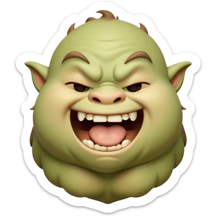 Cinematic Cute Yawning Ogre Portrait Emoji, with a surprisingly cuddly, rotund figure in soft earthy greens and browns, head tilted back in a big, gentle yawn exposing a set of comically oversized teeth, simplified yet irresistibly adorable, highly detailed with a soft glowing outline that captures the sleepy charm of a friendly ogre after a long day of gentle mischief! sticker