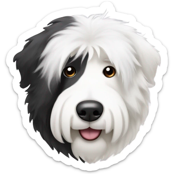 Old English sheepdog face with the left half of his face white and the black half of his face black. White around the mouth and nose sticker