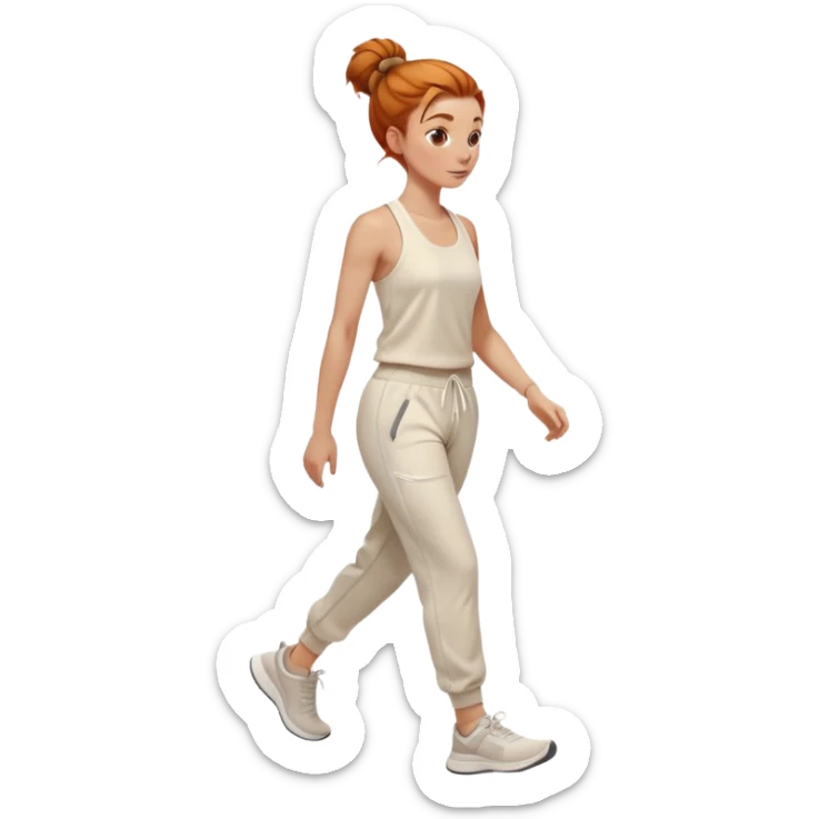 Gorgeous Ginger girl messy bun walking on walking pad cream gym outfit sweatpants sticker
