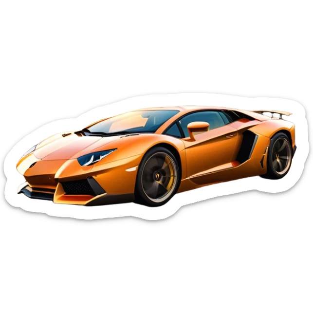 Lamborghini Aventador speeding down Sunset Avenue at dusk, headlights blazing. The sky glows in warm sunset hues, reflecting off the sleek car. Motion blur emphasizes speed, with palm trees and city lights in the background. Transparent background. sticker