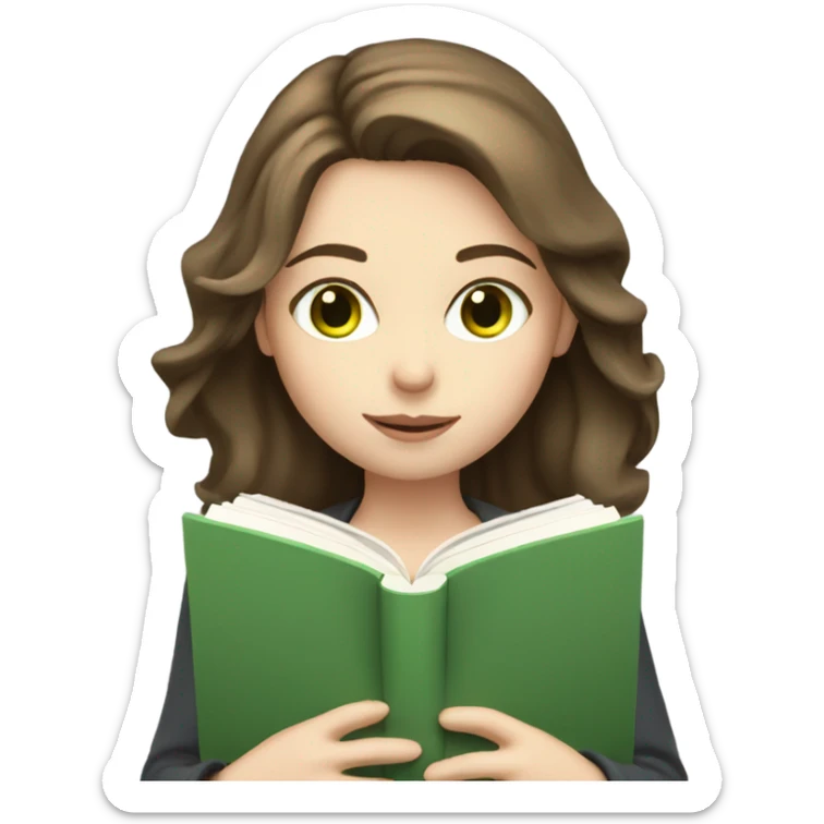 Girl with shoulder length brown hair, green eyes, pale skin, reading a book sticker