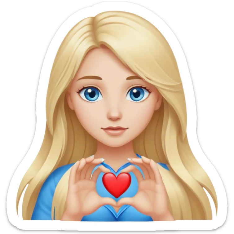 Cinematic realistic blonde with long hair and blue eyes shows her heart with her hands sticker