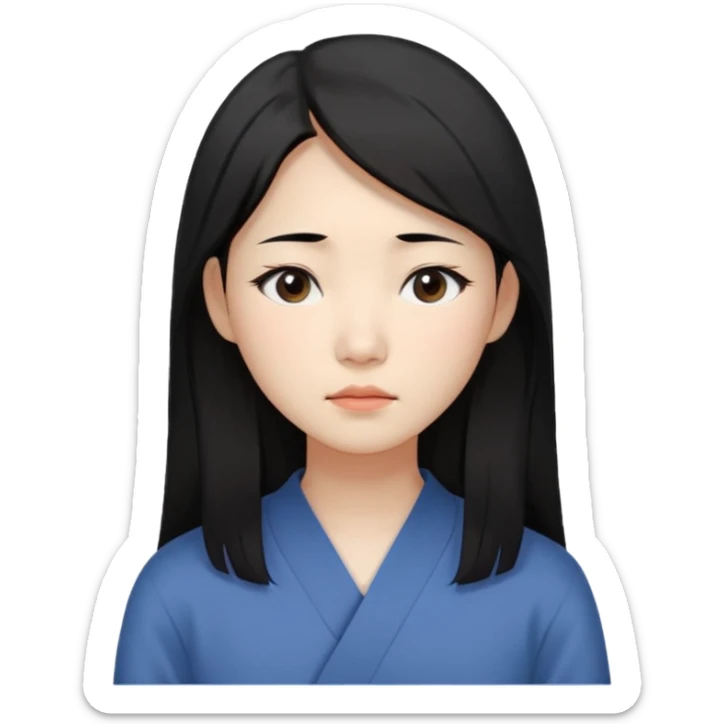 Korean woman, East Asian features,
female human face avatar, headshot,
slightly uncomfortable expression,
subtle frown, tired eyes,
sensitive and delicate mood,
neutral face, minimal expression,
simple black hair,
clean background,long hair
professional, minimal style sticker