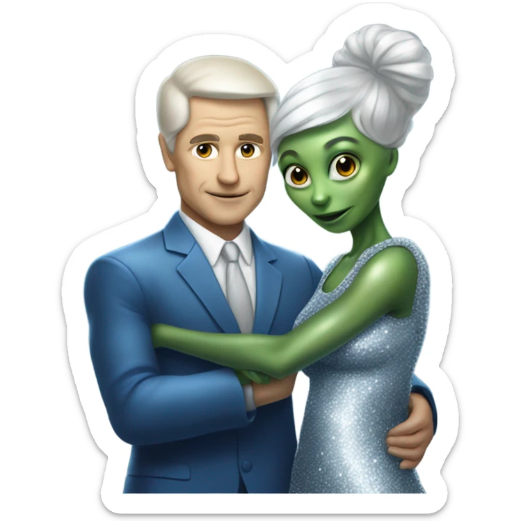 alien reptilian woman in silver dress hugs white man in blue dress sticker