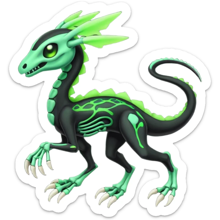 Obsidian-black and neon-glowing-green skeletal Meloetta-Salandit-Gorebyss-Salazzle-Pokémon-Fakémon-creature-fusion-hybrid sticker