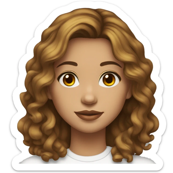 Female, 30 years old, light skin but tanned, olive eyes, thick wavy light brown hair cut in layers shaggy style, small gold earrings, white turtleneck T-shirt sticker
