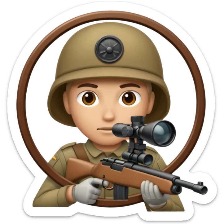 Close-up of a stealthy army soldier looking through the crosshair of his rifle  as seen from the side as he takes aim sticker