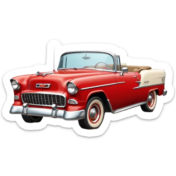 1955 Chevrolet Bel Air Convertible, Red-White color, with a bucket of brown mud pouring down on it, and the car itself is covered in brown mud on the sides that has stuck.32x32 pixels, aspect ratio: 1:1 sticker