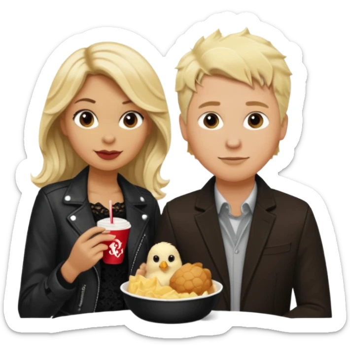 Love tan woman long wavy blonde hair and black lace  with  a white man short spiked blonde hair wearing Brown  jacket eating chick filet  sticker