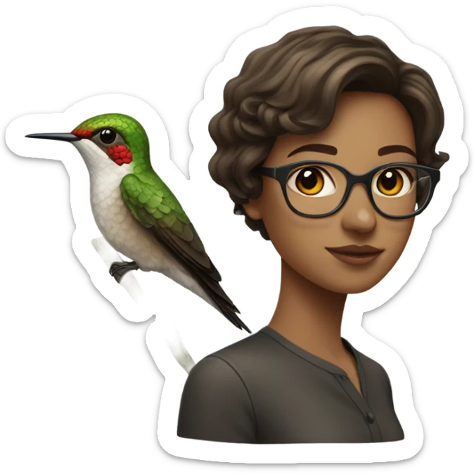 Girl pale , brunette, with short hair, wearing glasses with a hummingbird next to her sticker