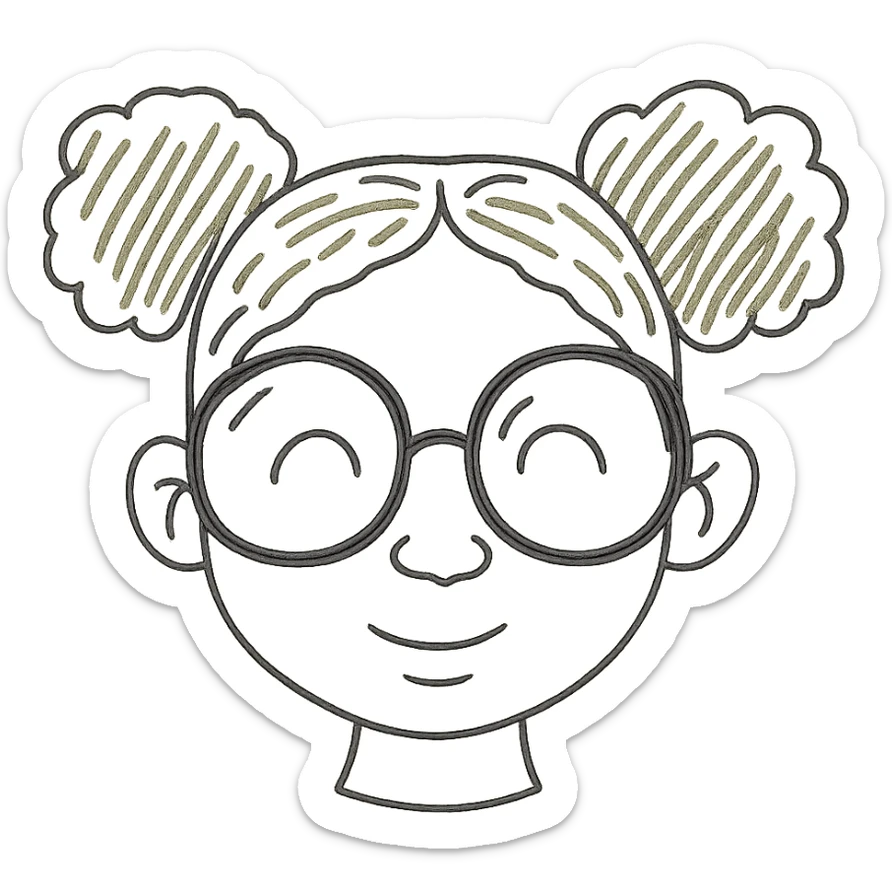 african american girl head with oversize glasses and gray hair in bunches, hand drawn outlined icon sticker