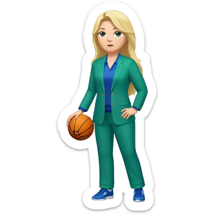 Full Body white plus size female basketball head coach with long blonde hair in a blue and green suit sticker