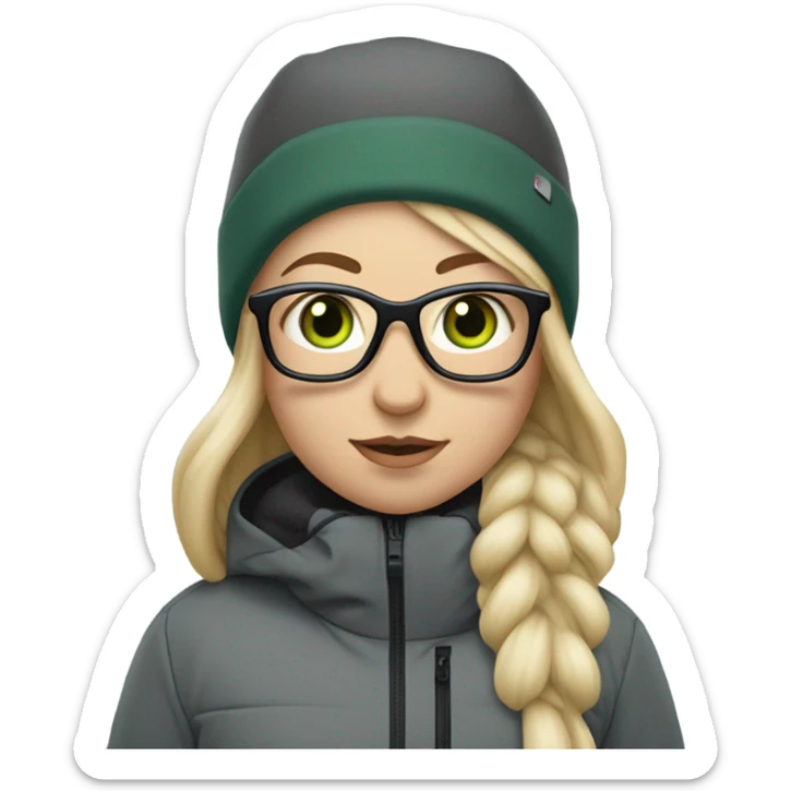 Green-eyed, fat female skier with long straight blonde hair, glasses, white helmet, grey snow jacket, long black pants, black only snow boots standing tall. sticker