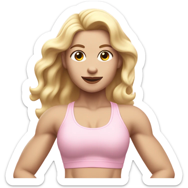 Woman, white skin, pale skin, long hair, blonde hair, wavy hair, baby pink sports bra, baby pink leggings, flexing one arm up sticker