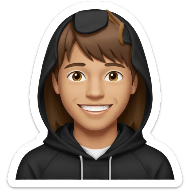 20 yr old man, brown hair, straight, big smile, white teeth, tanned skin, bangs, black hooded sweatshirt, long hair in back, center-parted bangs, big lips sticker