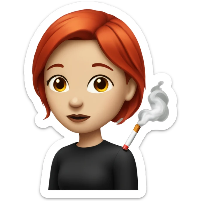 A girl with fair skin and black-red hair smokes a cigarette sticker