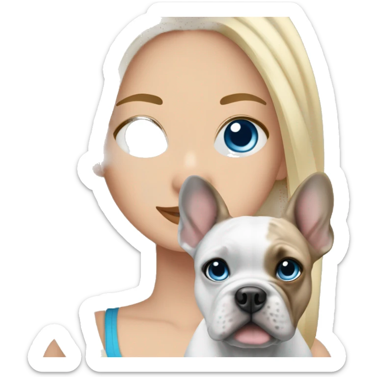 Blonde hair woman with blue eyes holding a merle Frenchie with blue eyes sticker