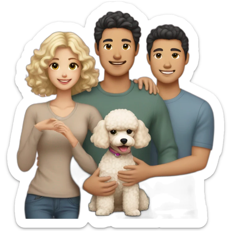 A Family consisting of 1 asian man with dark eyes and hair tan skin and 1 white blonde girl with pale skin and 1 fluffy brown toy poodle sticker