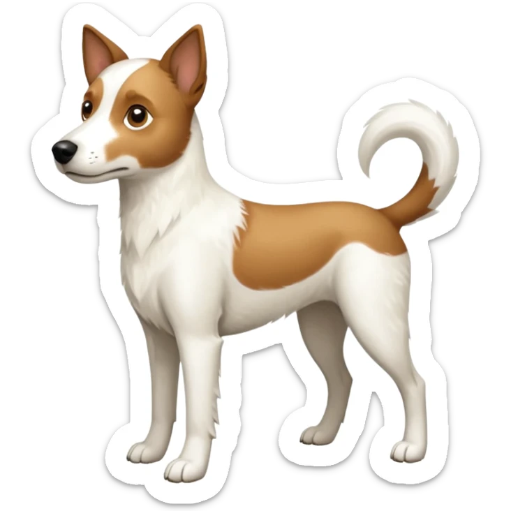 a full body large white parson russell looking dog the size of a kelpie with light brown flapped down ears and a light brown patch on one eye and a large snout sticker