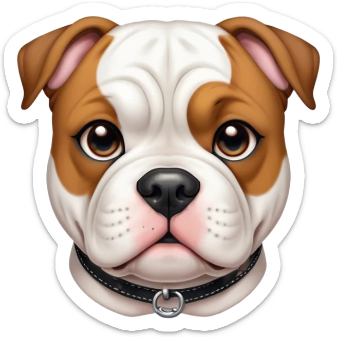 Cinematic Cute Black and White American Bulldog Portrait Emoji, Head tilted playfully and inquisitively, smooth fur with a bold black and white pattern, round, sparkling brown eyes filled with curiosity, Simplified yet irresistibly adorable features, highly detailed, glowing with a warm, friendly glow, high shine, affectionate and lively, stylized with a touch of whimsy, bright and endearing, soft glowing outline, capturing the essence of a mischievous yet loving pup, so playful it feels like it could bound out of the screen and into your arms! sticker