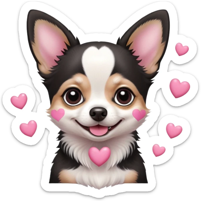 Black and white small chihuahua with pink small hearts all over happy and smiling  sticker