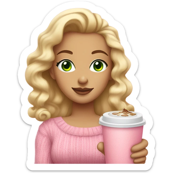 blonde woman with green eyes and curled hair with a pink hair bow holding an iced coffee, wearing a pink cozy sweater sticker