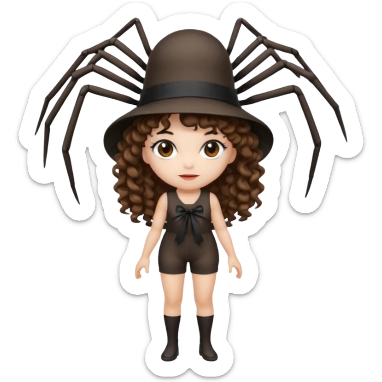 full body woman short curly brown mullet hair brown eyes white skin wearing spider hat and silk ribbon outfit sticker