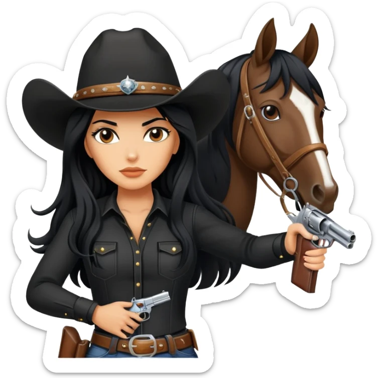 confident hot tanned woman with long black hair cowgirl style wearing black outfit with gun and horse sticker