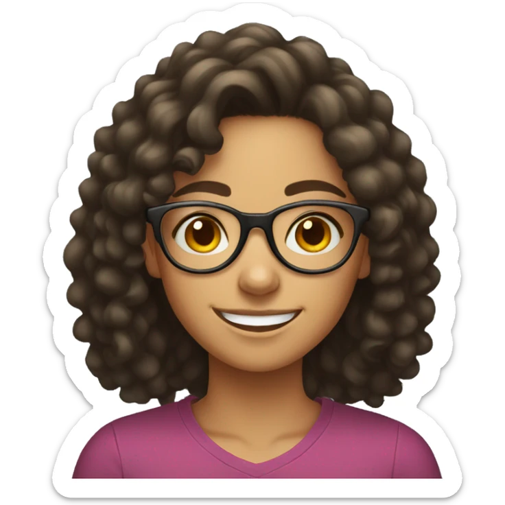 smiling brown teenager girl with long black curly hair and round glasses sticker