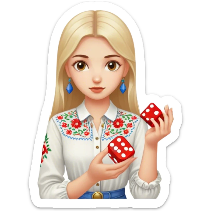 A Ukrainian girlin an embroidered shirt holds a dice in her hand sticker