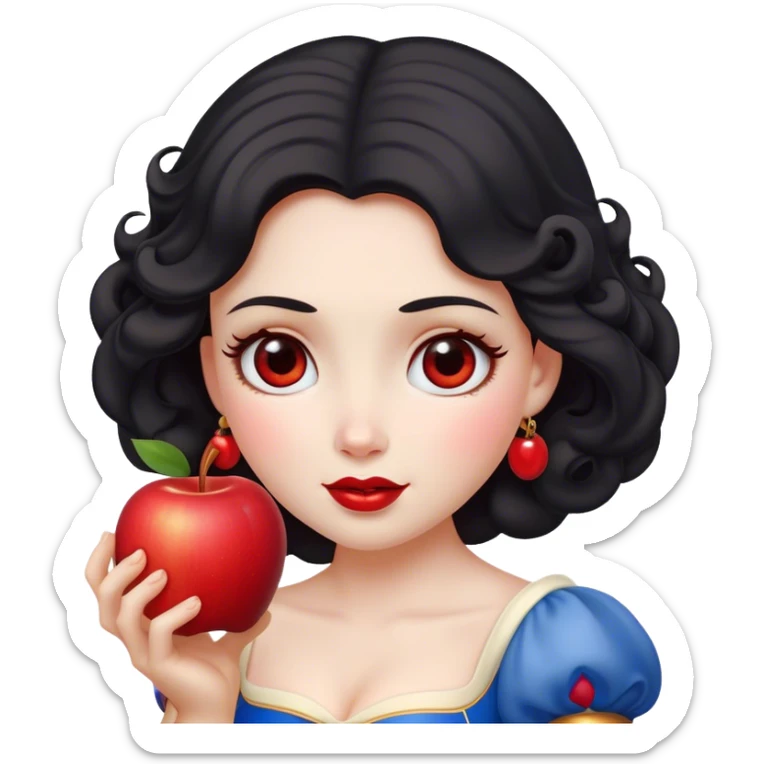 Cinematic Elegant Snow White Portrait Emoji, Delicately holding a red apple, eyes glimmering with mystery, soft curls perfectly placed, her royal presence glowing with a warm, enchanting charm! sticker