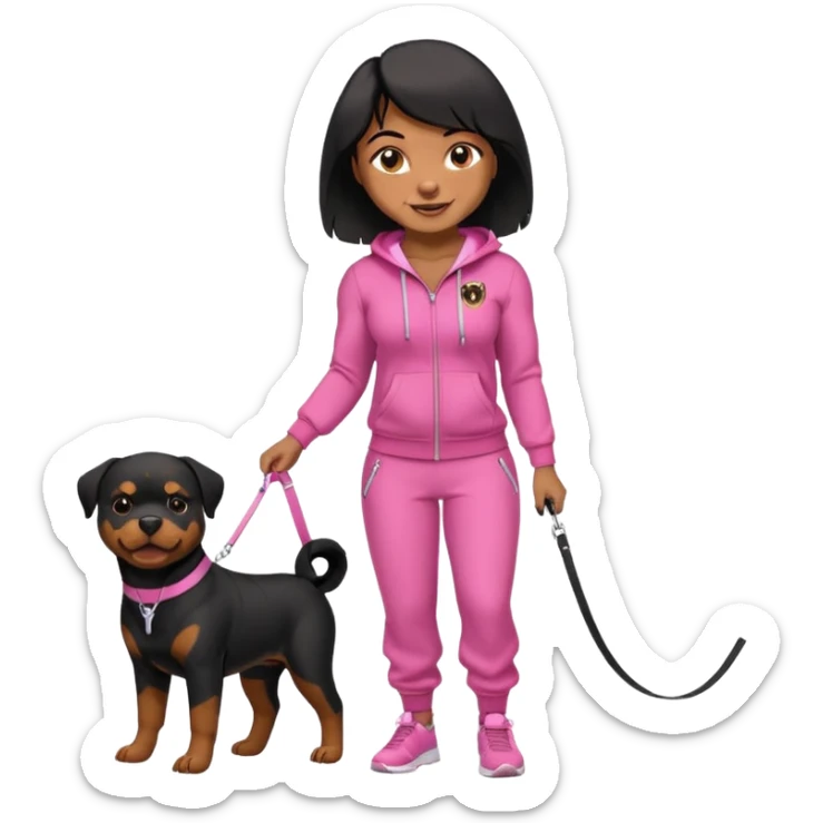 Adult Rottweiler full body on a leash held by African American woman in all pink tracksuit  sticker