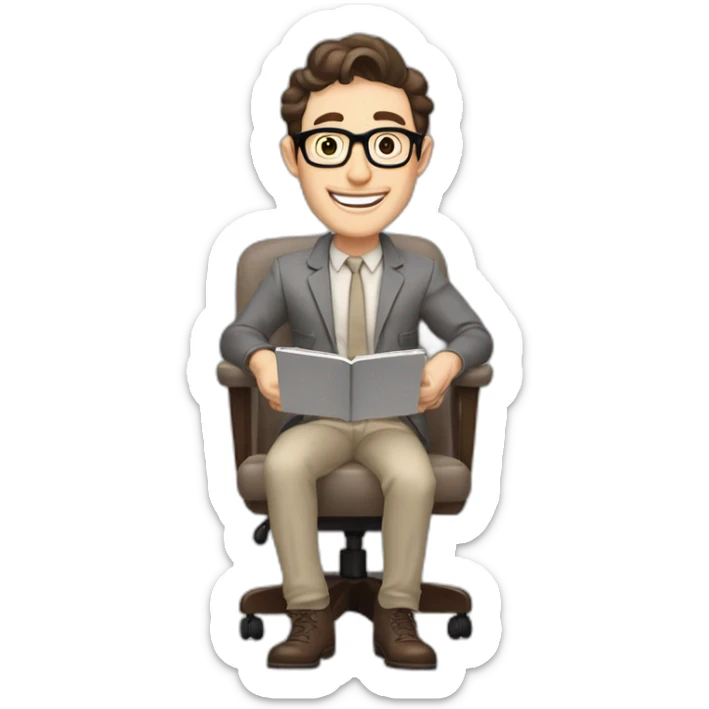 Joyful Celebrating victory Pale skinned Fit Man With dark brown hair in gray jacket, beige office shirt, Brown pants and vintage glasses sitting In a soft chair with a notebook and a pen sticker