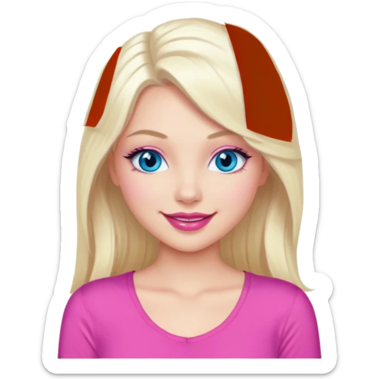 Girl with long platinum blonde hair, blue eyes, long lashes, sexy pink lips, wearing a pink top sticker