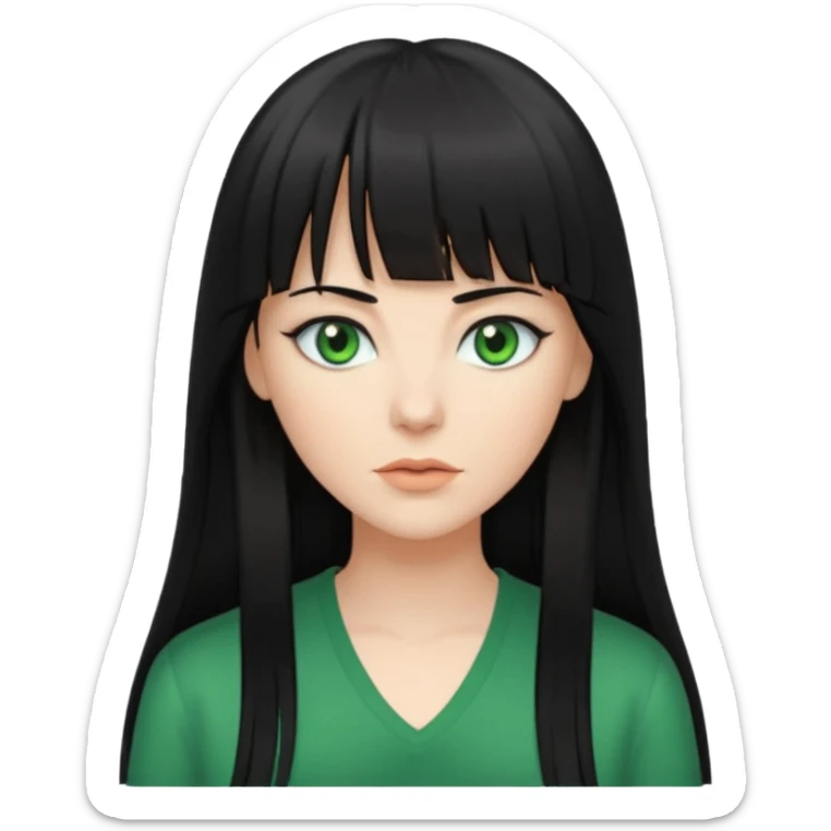 A white woman with Long straight hair with bangs, black hair, green eyes and a low-cut shirt sticker