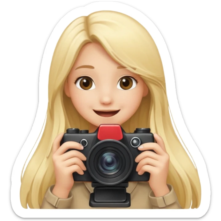 blonde girl photographer cartoon taking picture in middle of taking picture camera in front of face long hair smiling funny sticker