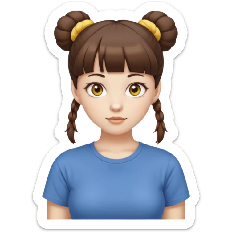beautiful girl with brown hair with up twin buns style only, straight bangs, yellow eyes, milk brown tshirt, white skin, her body is a little fat  sticker