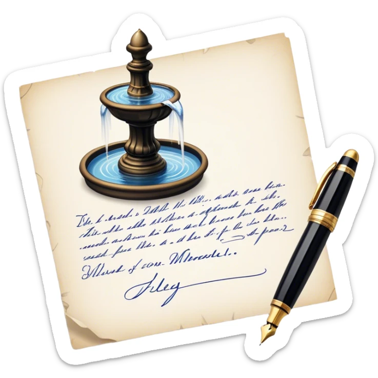 Icon for Autograph Collecting: a signature on a piece of paper with a vintage fountain pen beside it, and a collection of autographed photos or memorabilia in the background. The icon should convey the passion for collecting famous signatures. Transparent background. sticker