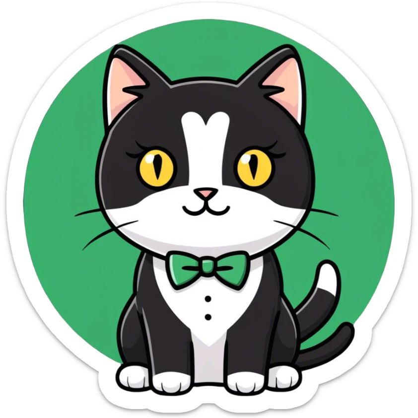 Female Tuxedo domestic short hair, more white than black, green/gold eyes sticker