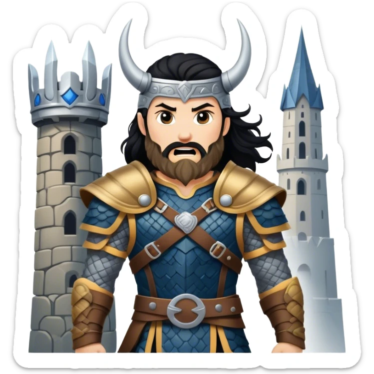 vikingo con armadura de Asgard, pelo negro ondulado, de pie, grito de guerra en torre de Asgard. sticker