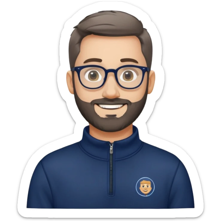 Fair-skinned broader man with oval face, very tight haircut (almost shaved on top, faded sides), short salt and pepper beard, big black-rimmed glasses, friendly smile, navy blue quarter-zip sweatshirt with long sleeves sticker