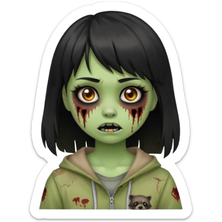 Girl with black hair and raccoon blonde streaks, bangs, light skin, zombie version, pale green skin, emoji style. sticker